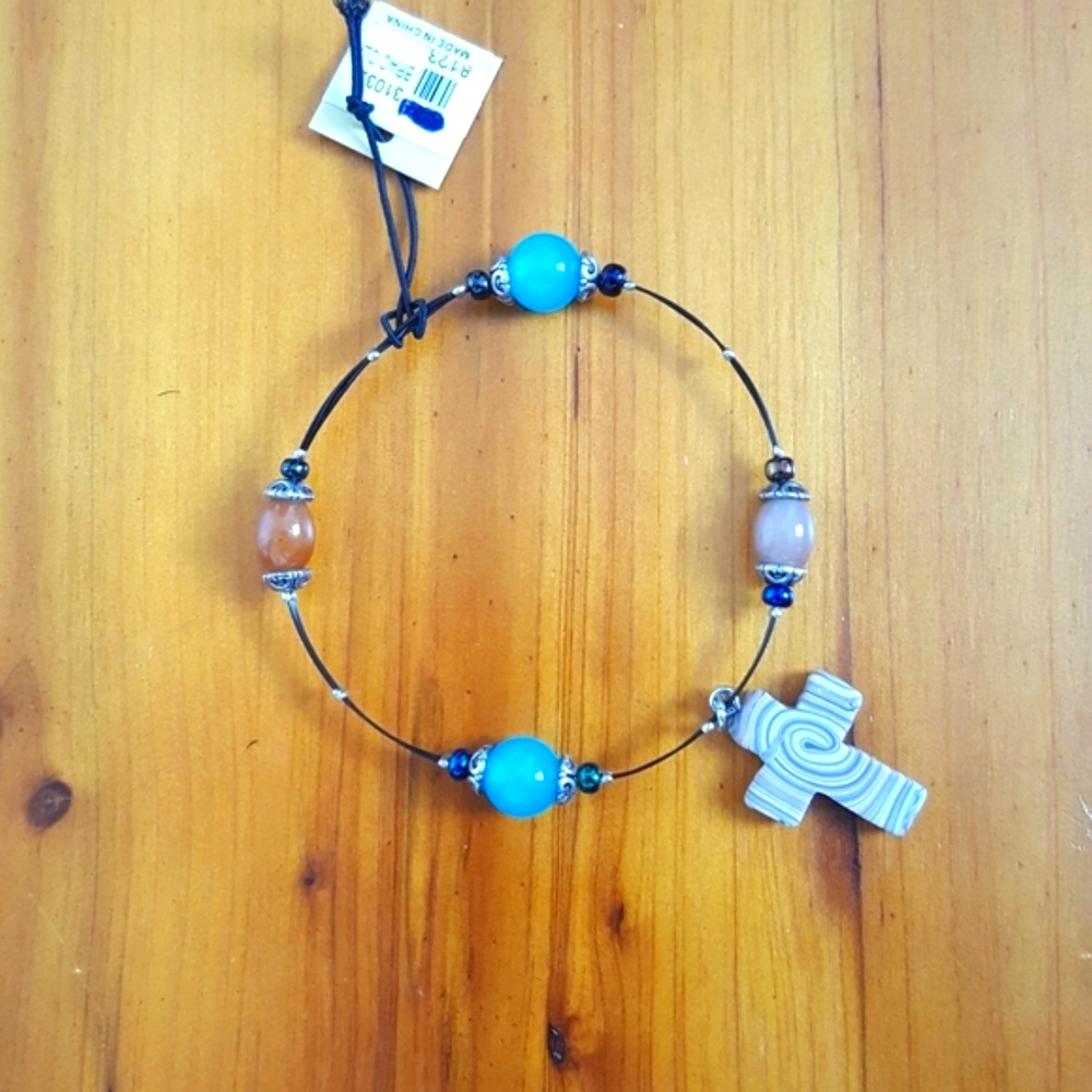 Blue brown bead bracelet clay cross